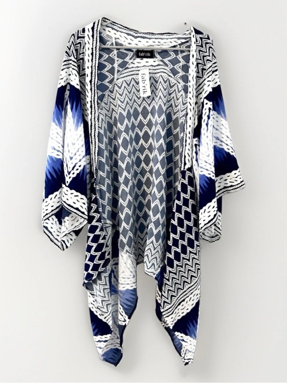 fab'rik Blue and White Geometric Open-Front Kimono - Picture 1 of 10